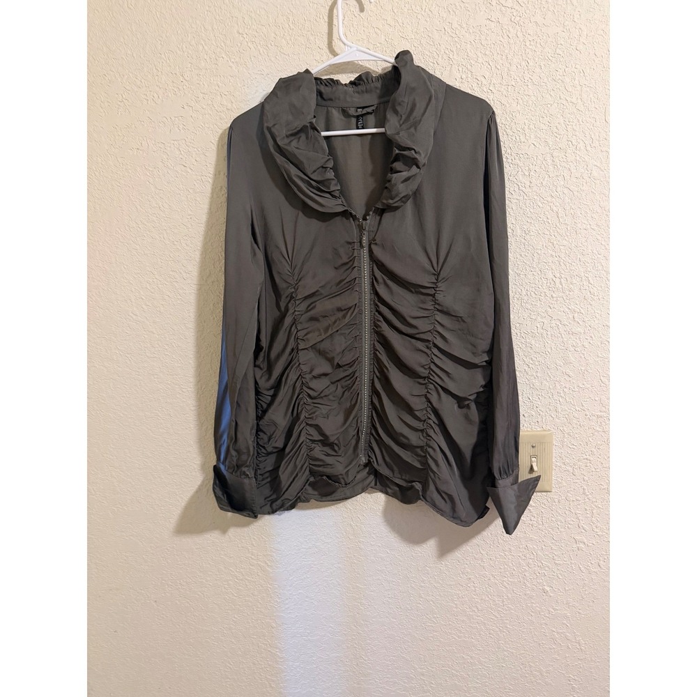 Ethyl Womens XL Grey Ruched Zip‎ Front Ruffle Collar Blouse Rayon Cotton Moto